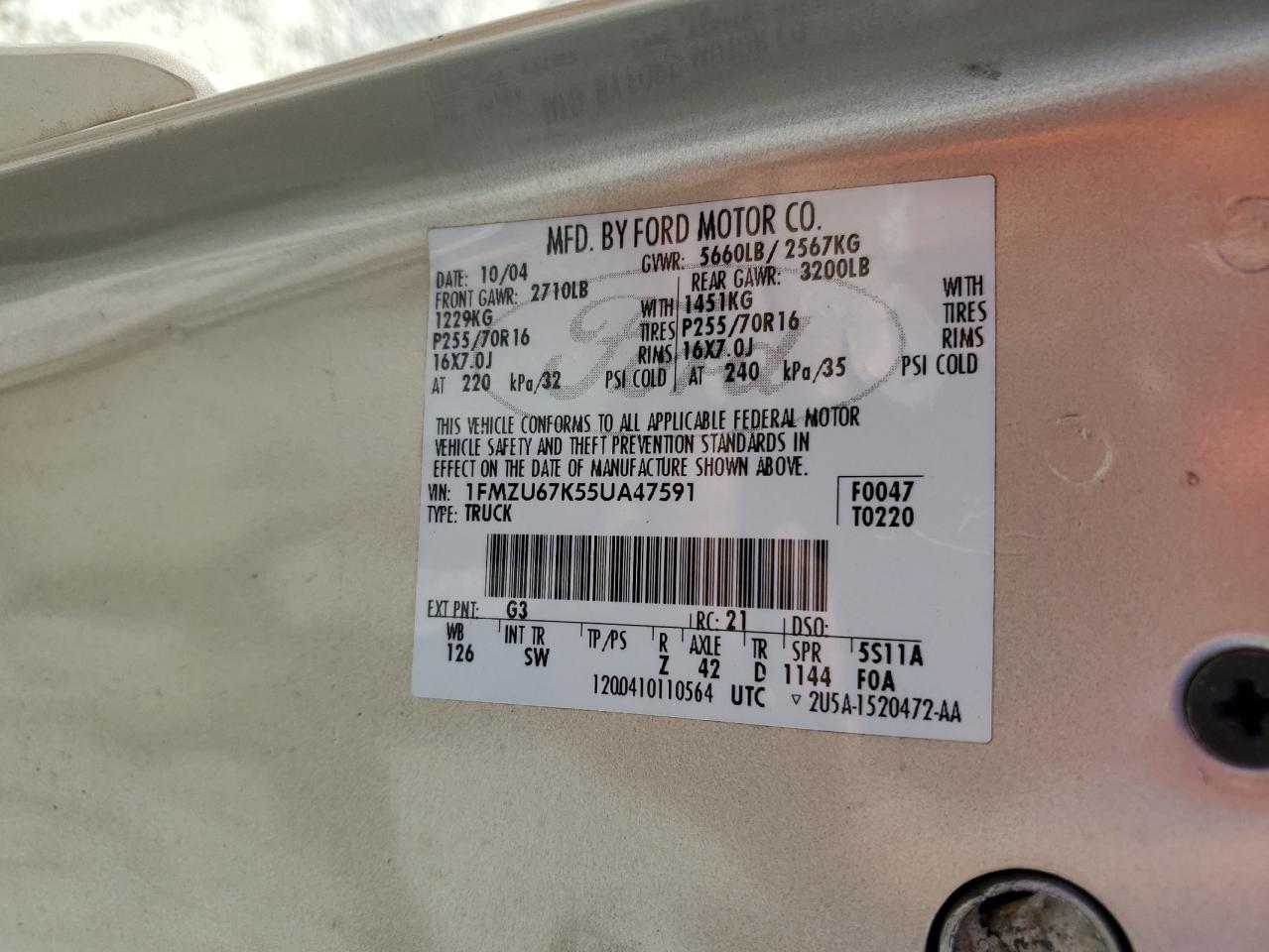 2005 Ford Explorer Sport Trac VIN: 1FMZU67K55UA47591 Lot: 92849405