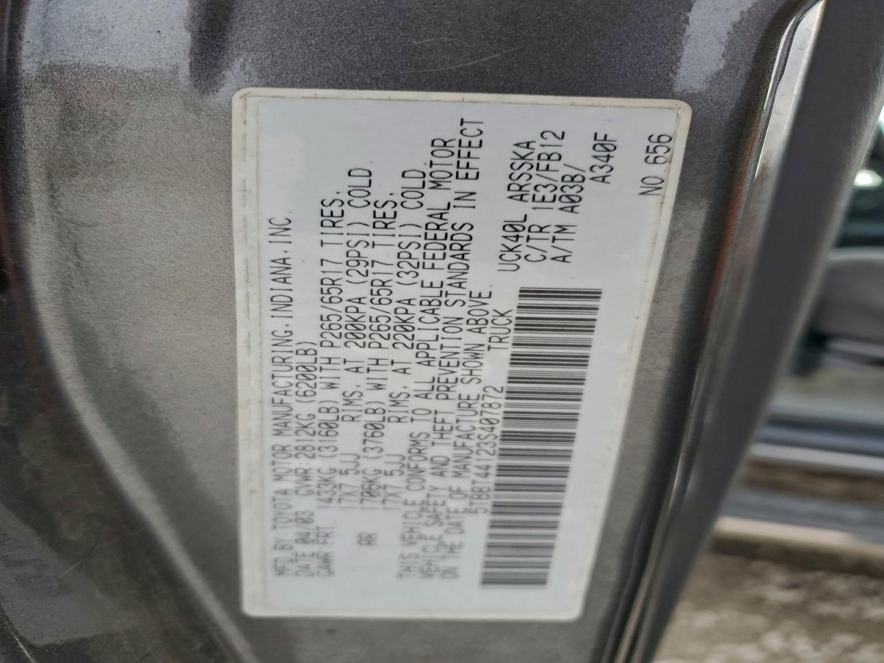 2003 Toyota Tundra Access Cab Sr5 VIN: 5TBBT44123S407872 Lot: 93472465