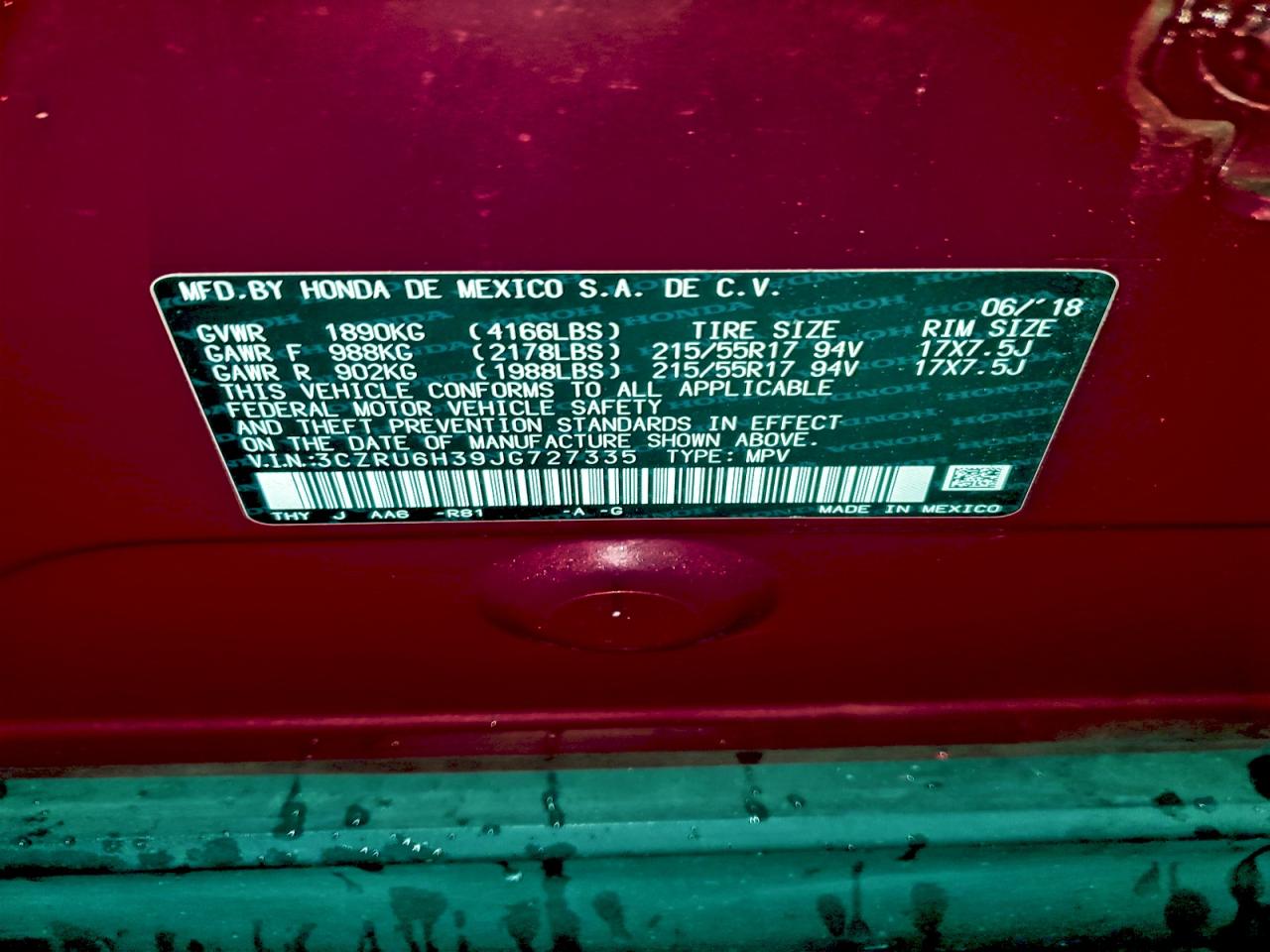 2018 Honda Hr-V Lx VIN: 3CZRU6H39JG727335 Lot: 94344415