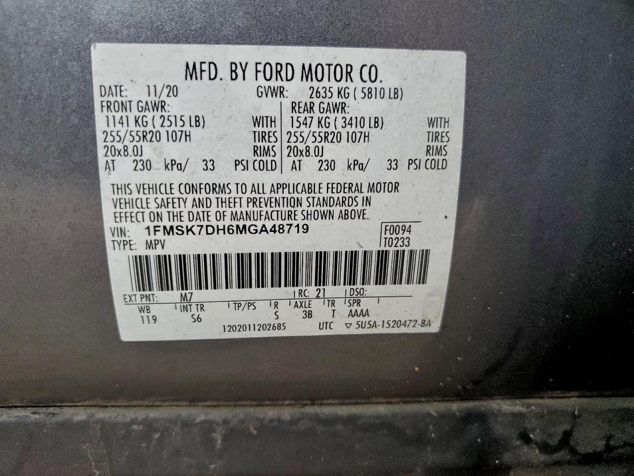 2021 Ford Explorer Xlt VIN: 1FMSK7DH6MGA48719 Lot: 93637005