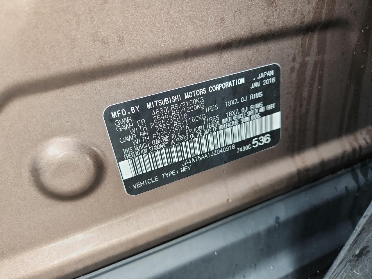 2018 Mitsubishi Eclipse Cross Se VIN: JA4AT5AA1JZ040918 Lot: 92058745