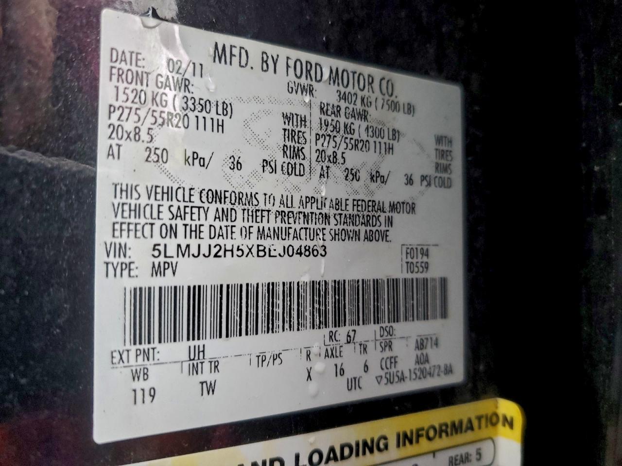 2011 Lincoln Navigator VIN: 5LMJJ2H5XBEJ04863 Lot: 93530645