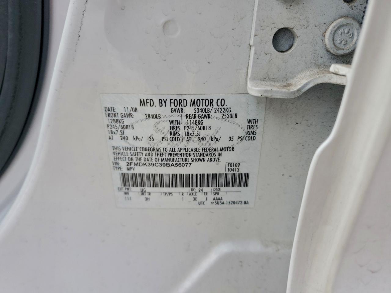 2009 Ford Edge Limited VIN: 2FMDK39C39BA56077 Lot: 93350235