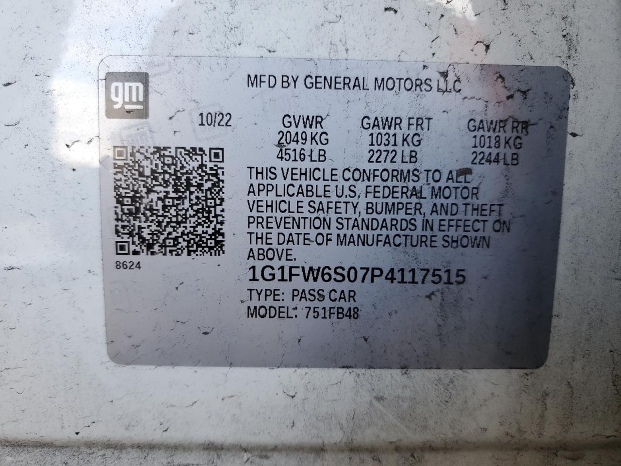 2023 Chevrolet Bolt Ev 1Lt VIN: 1G1FW6S07P4117515 Lot: 93151795