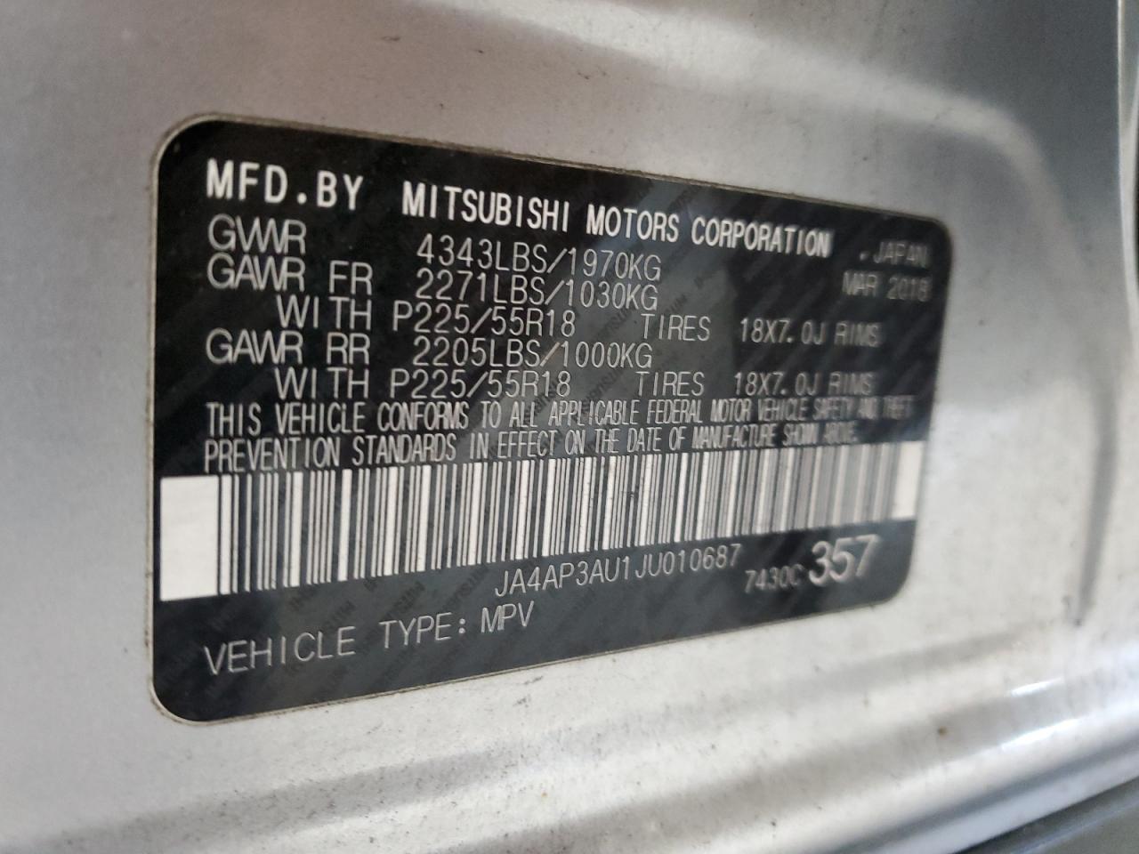 2018 Mitsubishi Outlander Sport Es VIN: JA4AP3AU1JU010687 Lot: 92114425