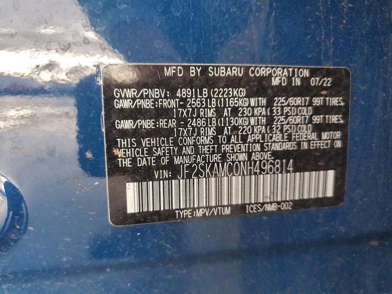 2022 Subaru Forester Wilderness VIN: JF2SKAMC0NH496814 Lot: 94191285