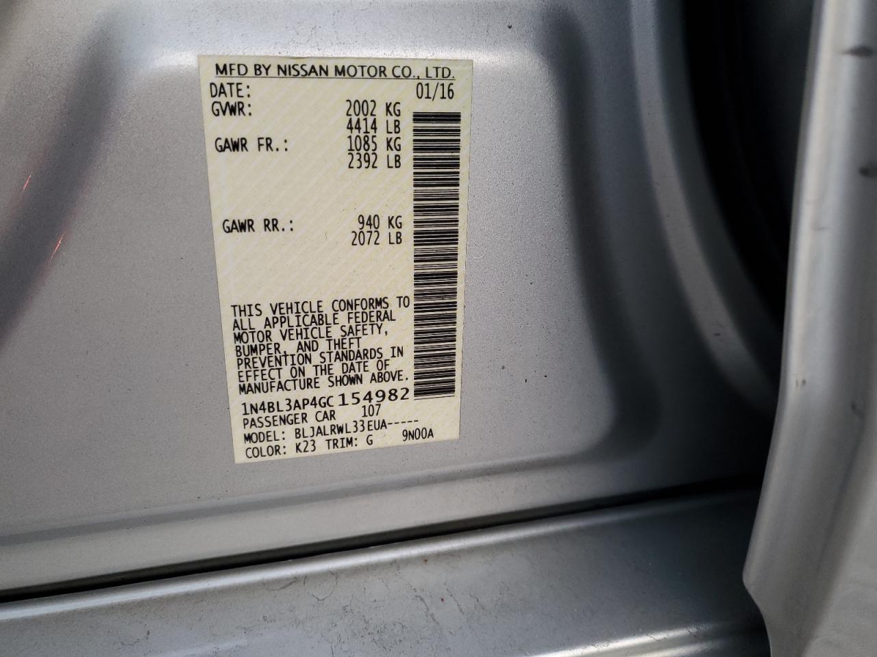 2016 Nissan Altima 3.5Sl VIN: 1N4BL3AP4GC154982 Lot: 90384825