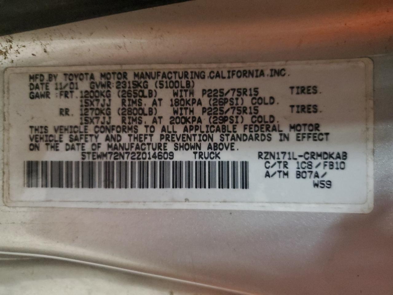 2002 Toyota Tacoma Xtracab VIN: 5TEWM72N72Z014609 Lot: 93355965