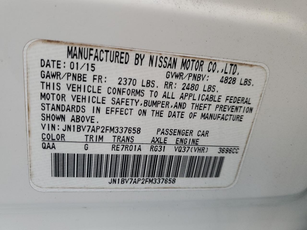 2015 Infiniti Q50 Base VIN: JN1BV7AP2FM337658 Lot: 93303885