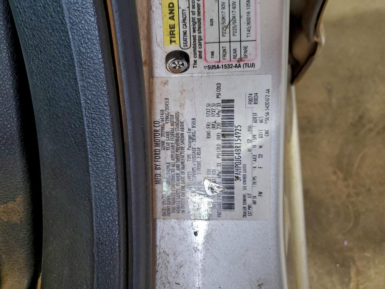 2011 Ford Fusion Sel VIN: 3FAHP0JG4BR154925 Lot: 93421665