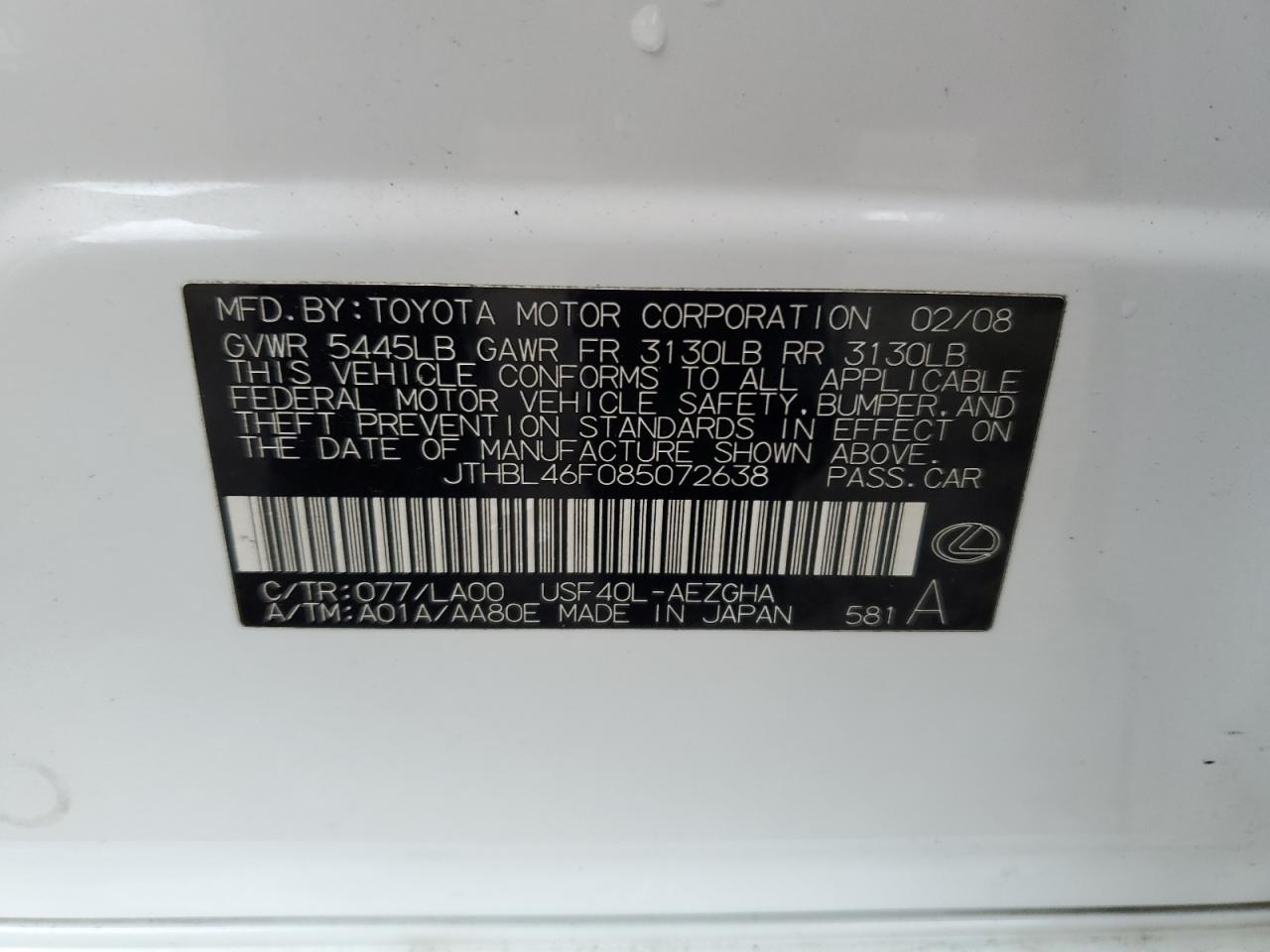 2008 Lexus Ls 460 VIN: JTHBL46F085072638 Lot: 92739475