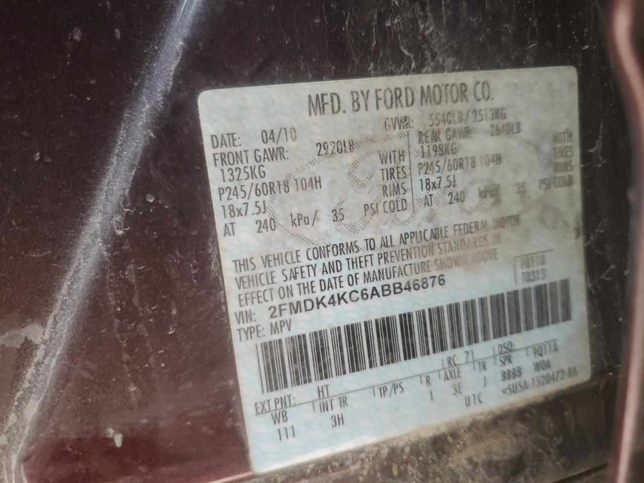 2010 Ford Edge Limited VIN: 2FMDK4KC6ABB46876 Lot: 93121385