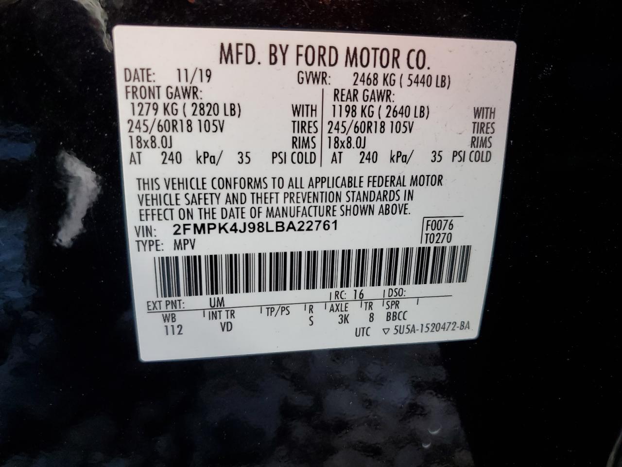 2020 Ford Edge Sel VIN: 2FMPK4J98LBA22761 Lot: 91433625