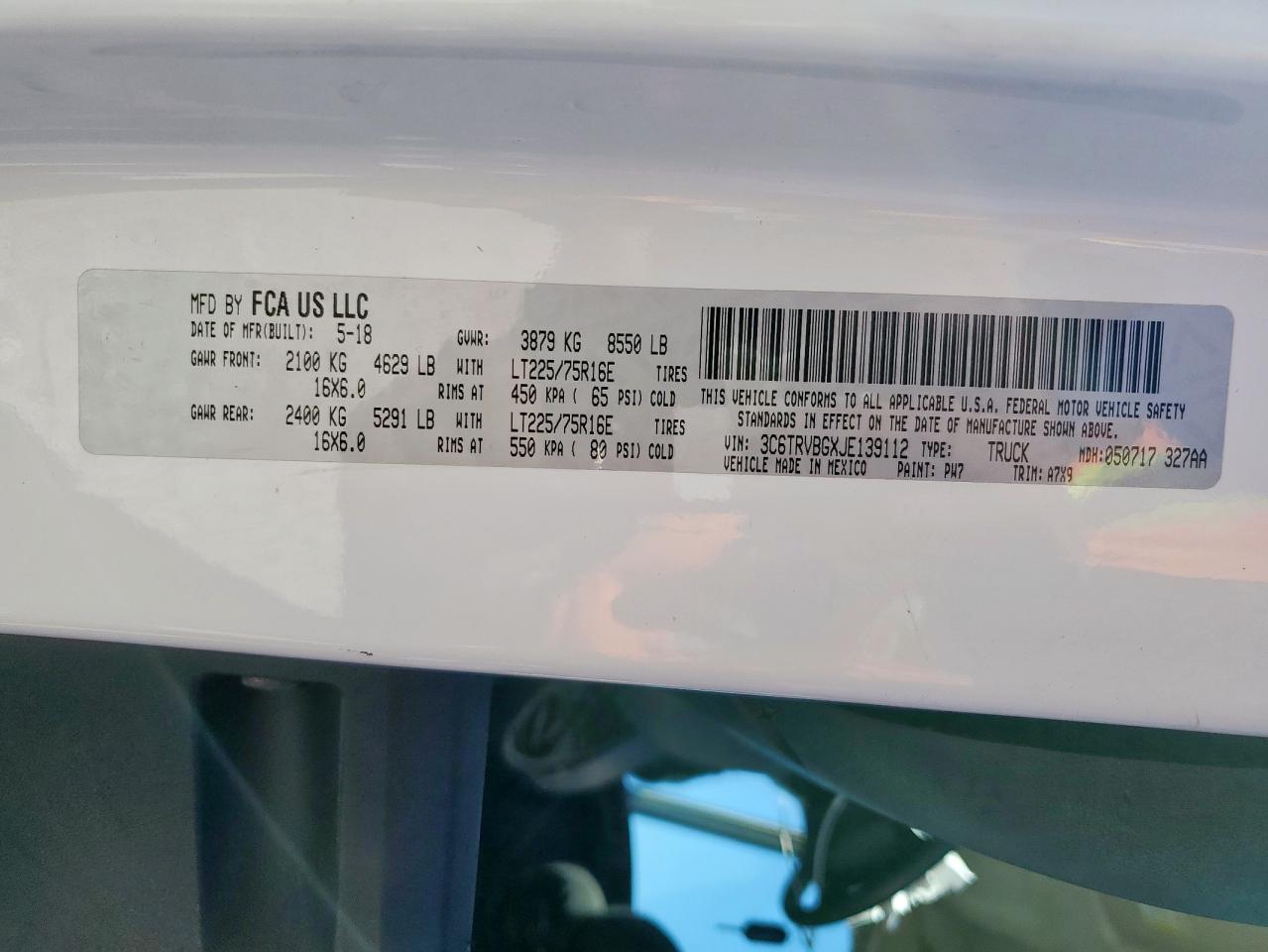 2018 Ram Promaster 1500 1500 High VIN: 3C6TRVBGXJE139112 Lot: 90820495