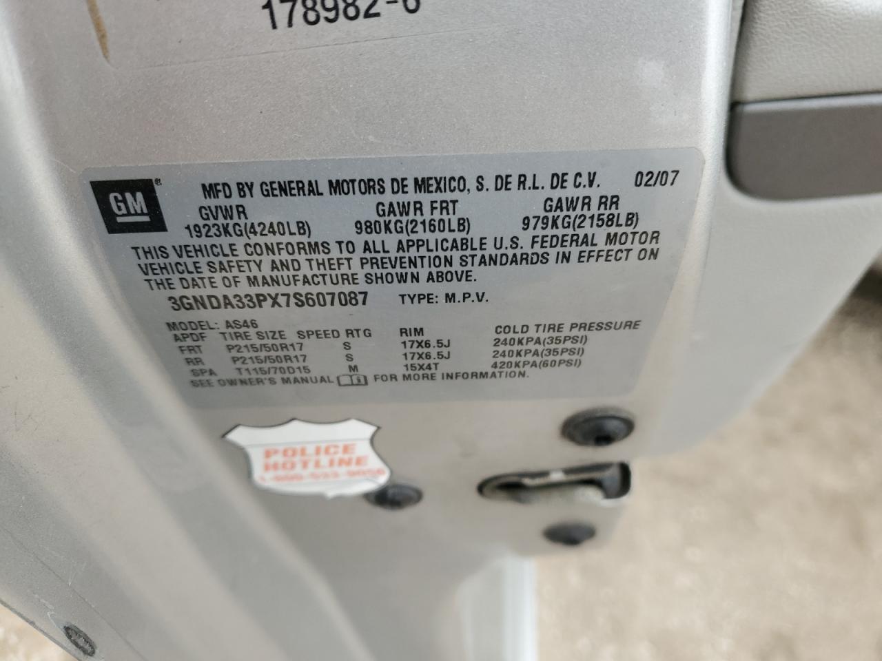 2007 Chevrolet Hhr Lt VIN: 3GNDA33PX7S607087 Lot: 93251115