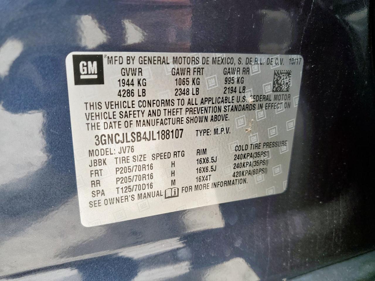 2018 Chevrolet Trax 1Lt VIN: 3GNCJLSB4JL188107 Lot: 92608725