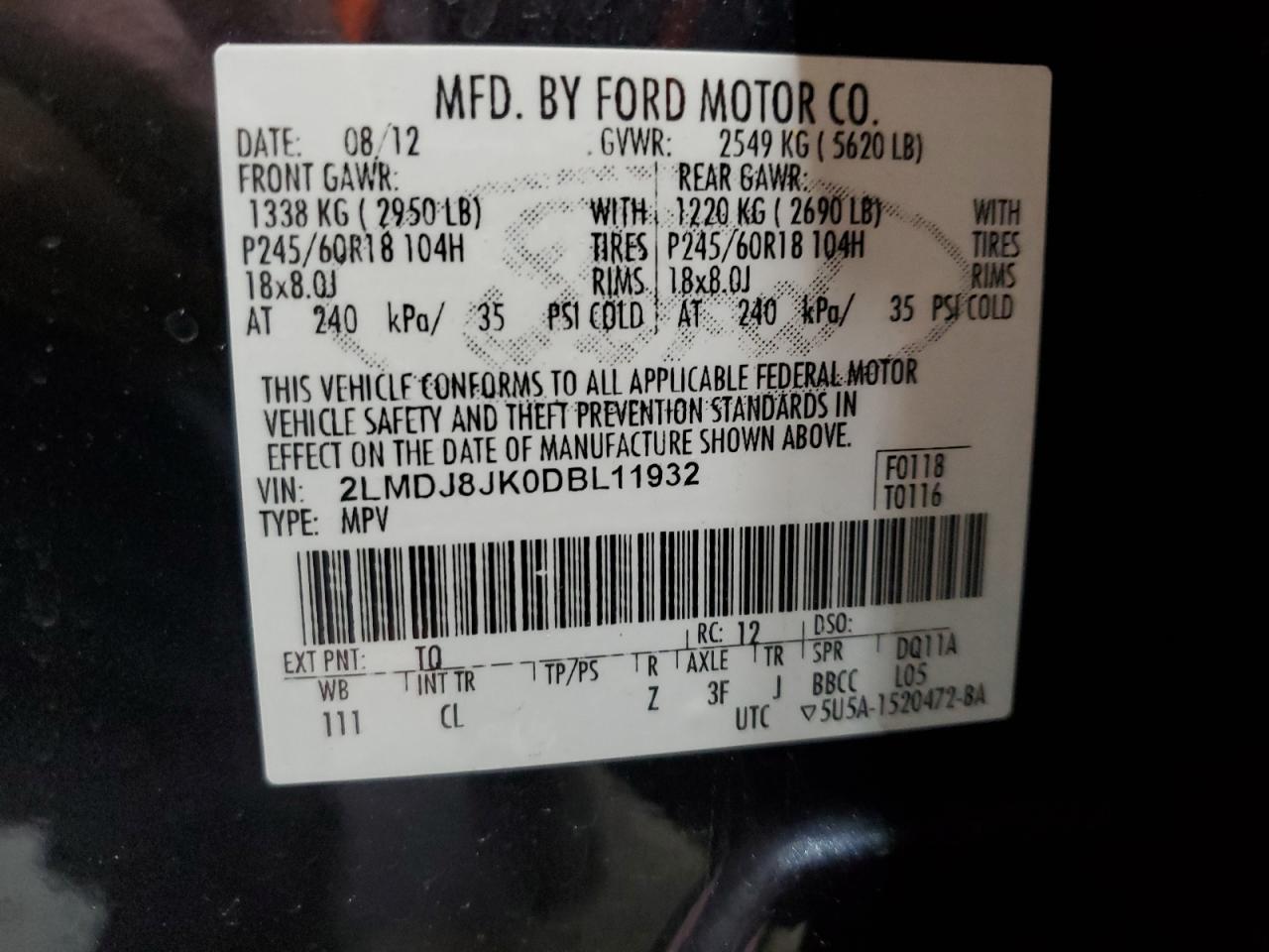 2013 Lincoln Mkx VIN: 2LMDJ8JK0DBL11932 Lot: 92170125