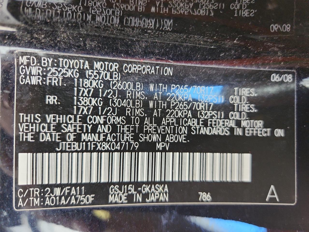 2008 Toyota Fj Cruiser VIN: JTEBU11FX8K047179 Lot: 93418325