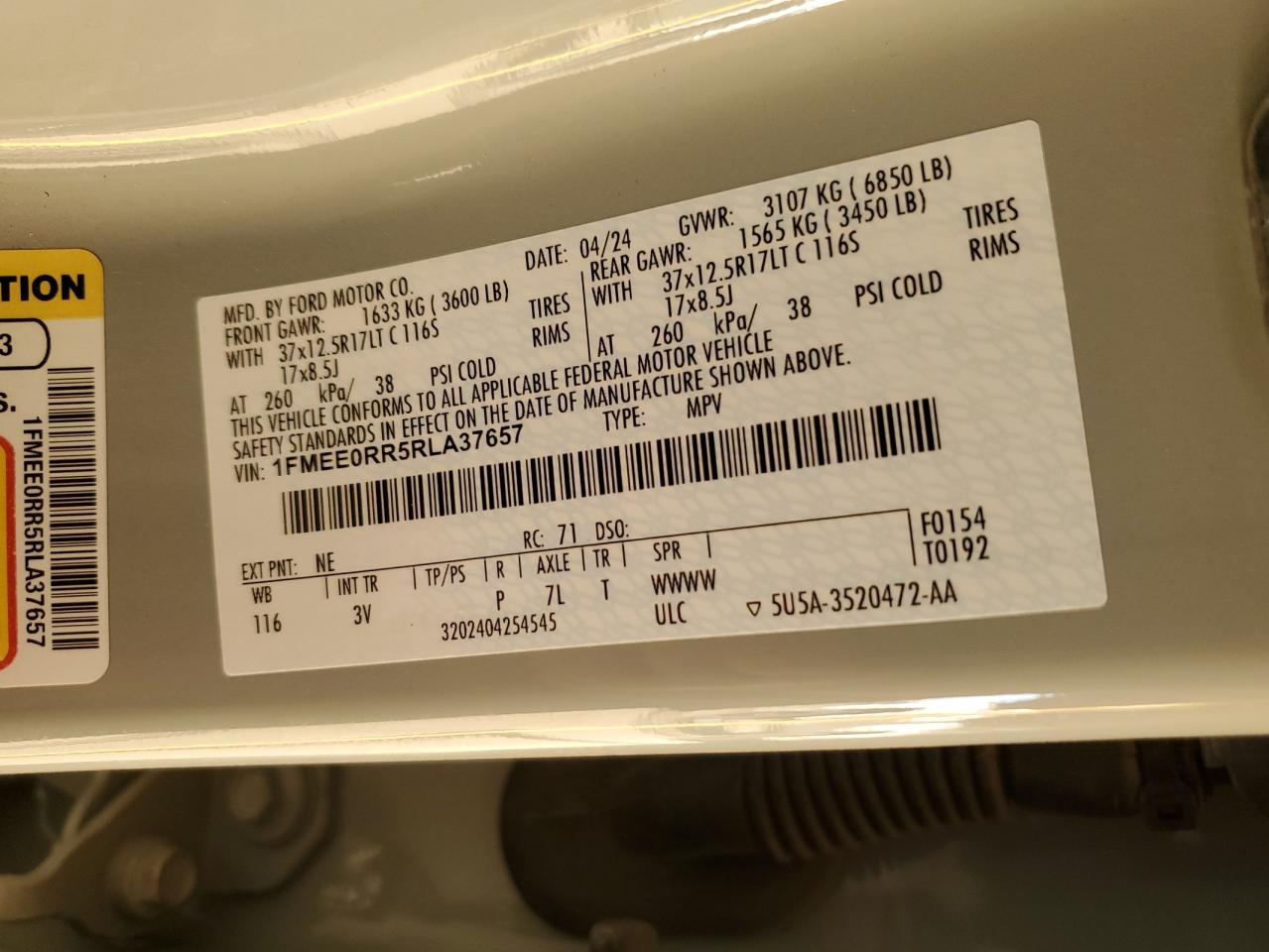 2024 Ford Bronco Raptor VIN: 1FMEE0RR5RLA37657 Lot: 92477175