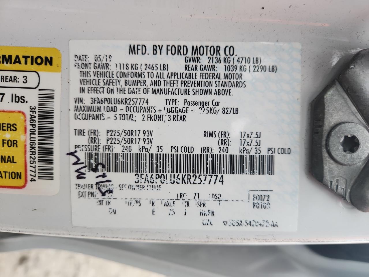 2019 Ford Fusion Se VIN: 3FA6P0LU6KR257774 Lot: 91942695