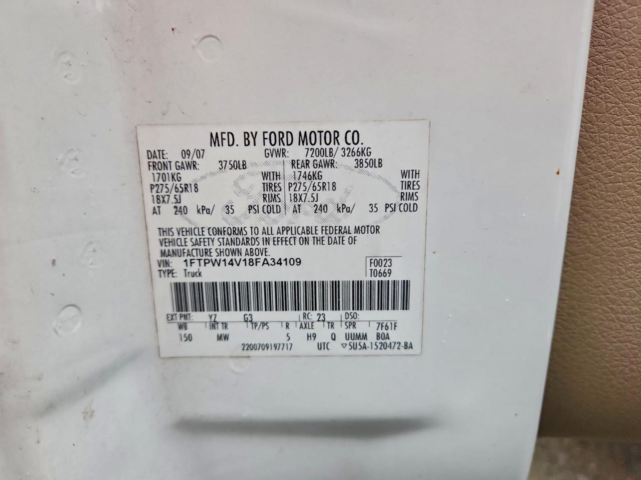 2008 Ford F150 Supercrew VIN: 1FTPW14V18FA34109 Lot: 92800445