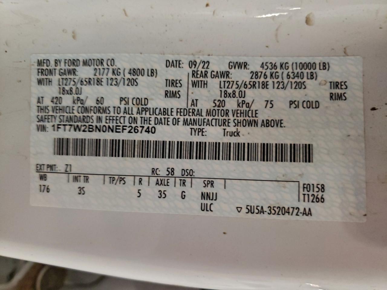 2022 Ford F250 Super Duty VIN: 1FT7W2BN0NEF26740 Lot: 93840025