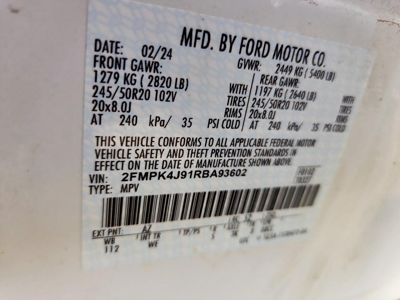 2024 Ford Edge Sel VIN: 2FMPK4J91RBA93602 Lot: 93685525