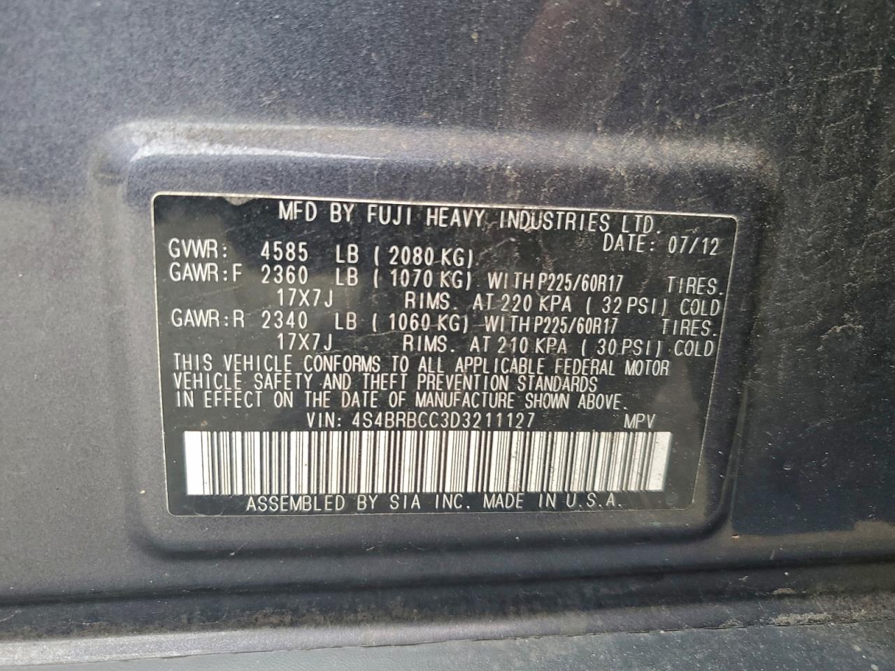 2013 Subaru Outback 2.5I Premium VIN: 4S4BRBCC3D3211127 Lot: 94075305