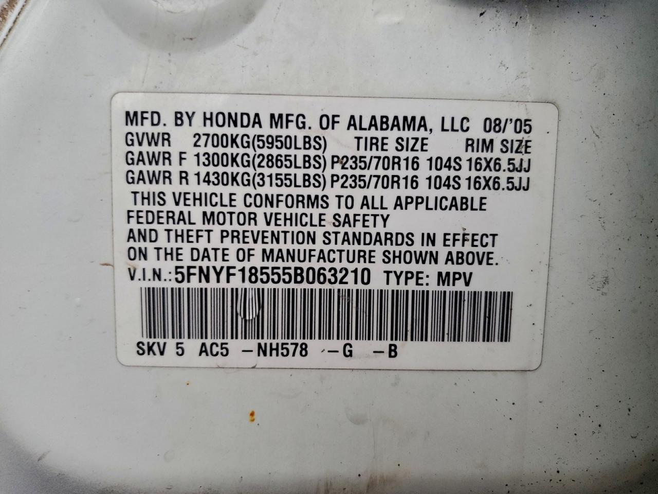 2005 Honda Pilot Exl VIN: 5FNYF18555B063210 Lot: 94436505