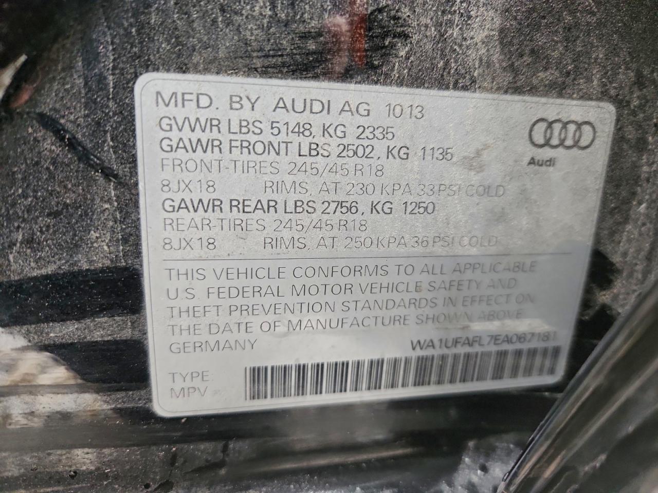 2014 Audi A4 Allroad Premium Plus VIN: WA1UFAFL7EA067181 Lot: 93149085
