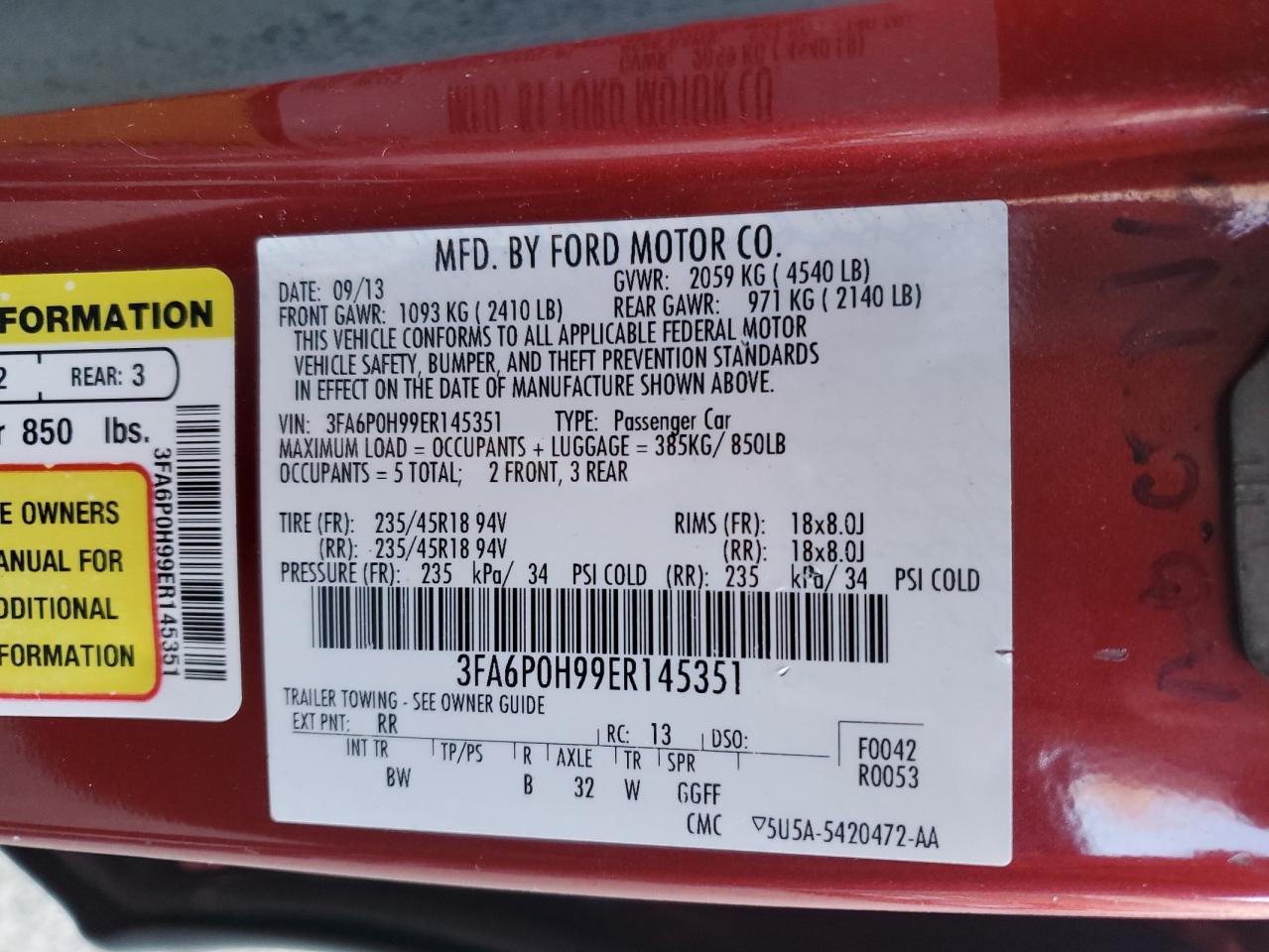 2014 Ford Fusion Se VIN: 3FA6P0H99ER145351 Lot: 93490825