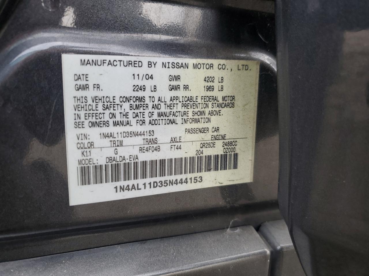 2005 Nissan Altima S VIN: 1N4AL11D35N444153 Lot: 92844985