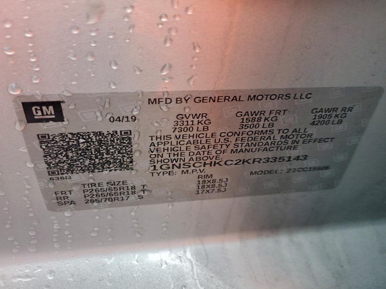 2019 Chevrolet Suburban C1500 Lt VIN: 1GNSCHKC2KR335143 Lot: 94062845