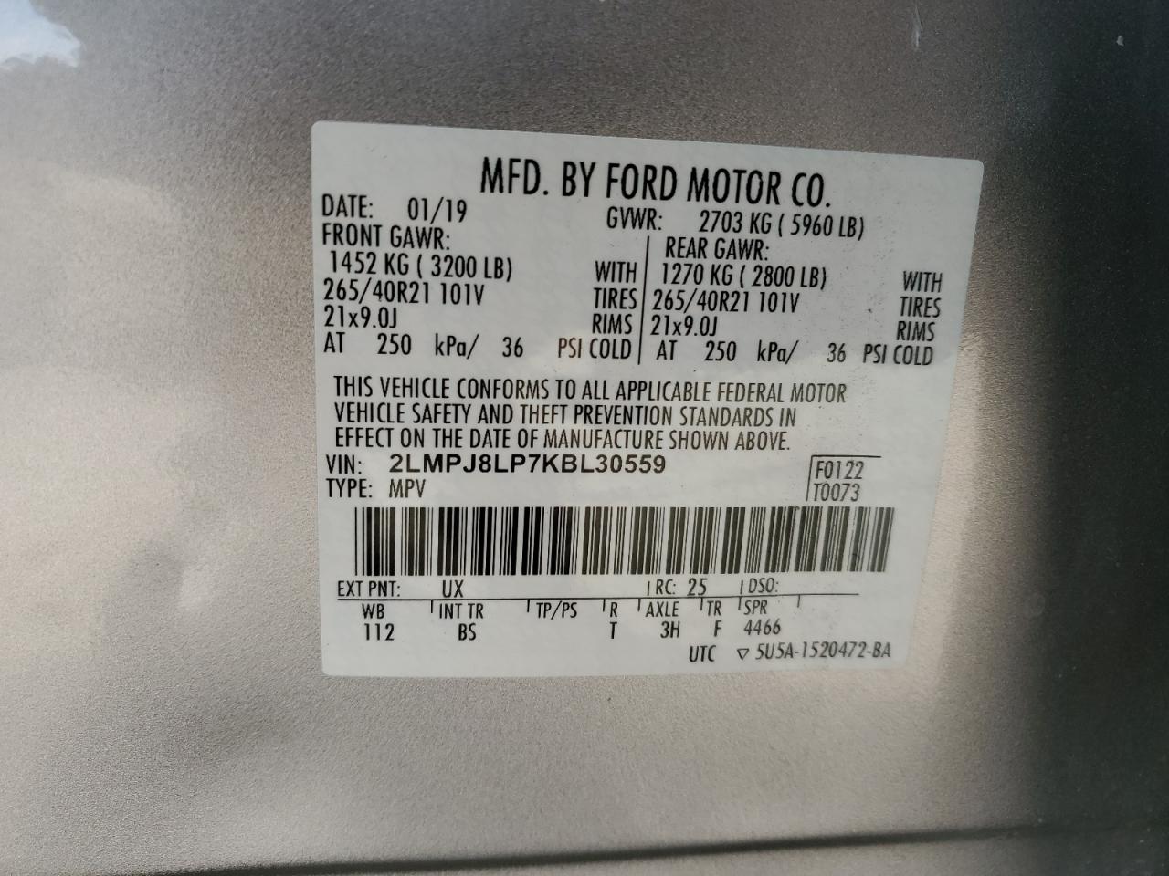 2019 Lincoln Nautilus Reserve VIN: 2LMPJ8LP7KBL30559 Lot: 91910485