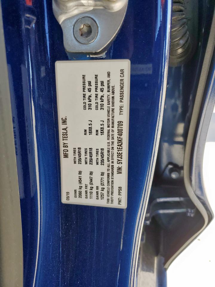 2019 Tesla Model 3 VIN: 5YJ3E1EA3KF400709 Lot: 91256435