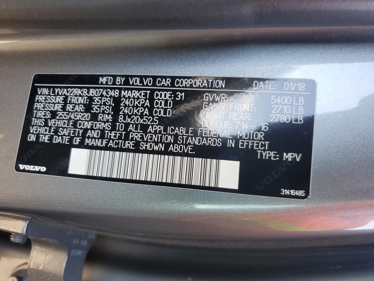 2018 Volvo Xc60 T6 VIN: LYVA22RK8JB074348 Lot: 93671795