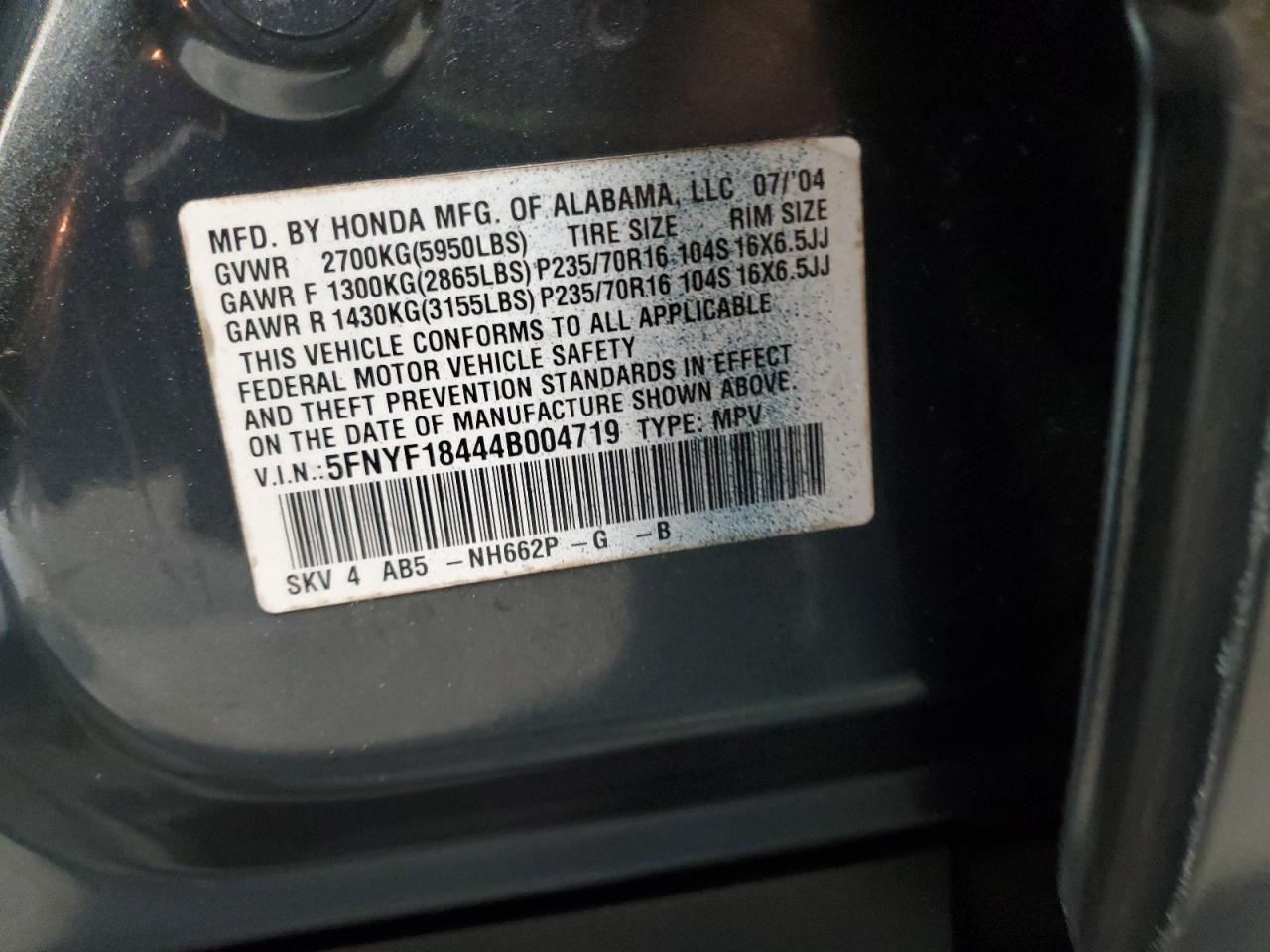 2004 Honda Pilot Ex VIN: 5FNYF18444B004719 Lot: 92612325