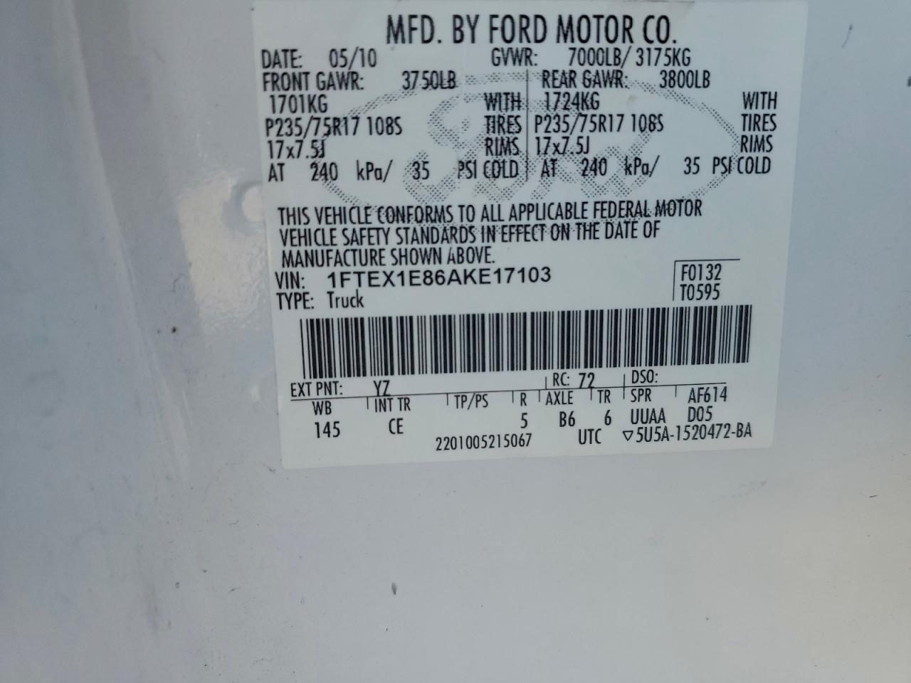 2010 Ford F150 Super Cab VIN: 1FTEX1E86AKE17103 Lot: 94079365