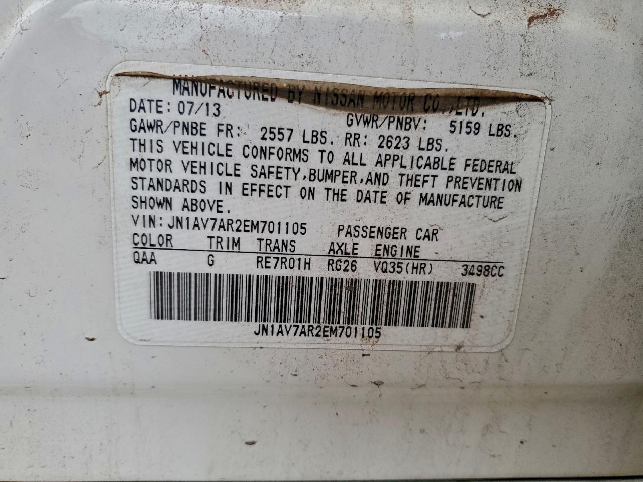 2014 Infiniti Q50 Hybrid Premium VIN: JN1AV7AR2EM701105 Lot: 93940285