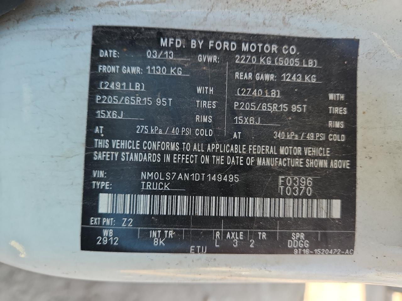 2013 Ford Transit Connect Delivery Van VIN: NM0LS7AN1DT149495 Lot: 92327025