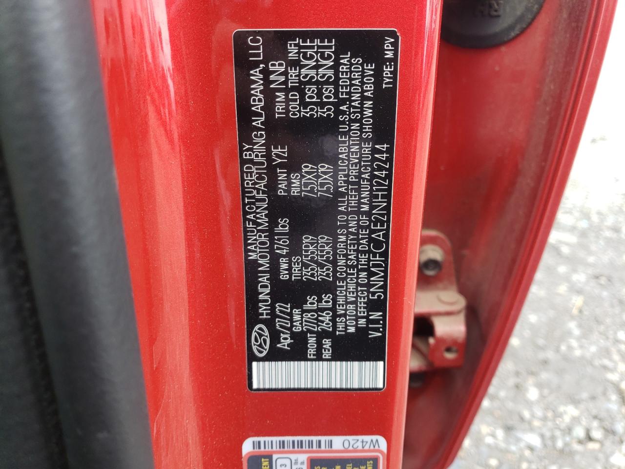 2022 Hyundai Tucson Sel VIN: 5NMJFCAE2NH124244 Lot: 93216355