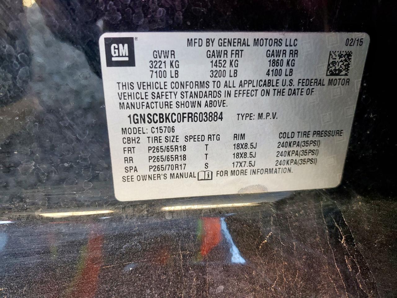 2015 Chevrolet Tahoe C1500 Lt VIN: 1GNSCBKC0FR603884 Lot: 91552995