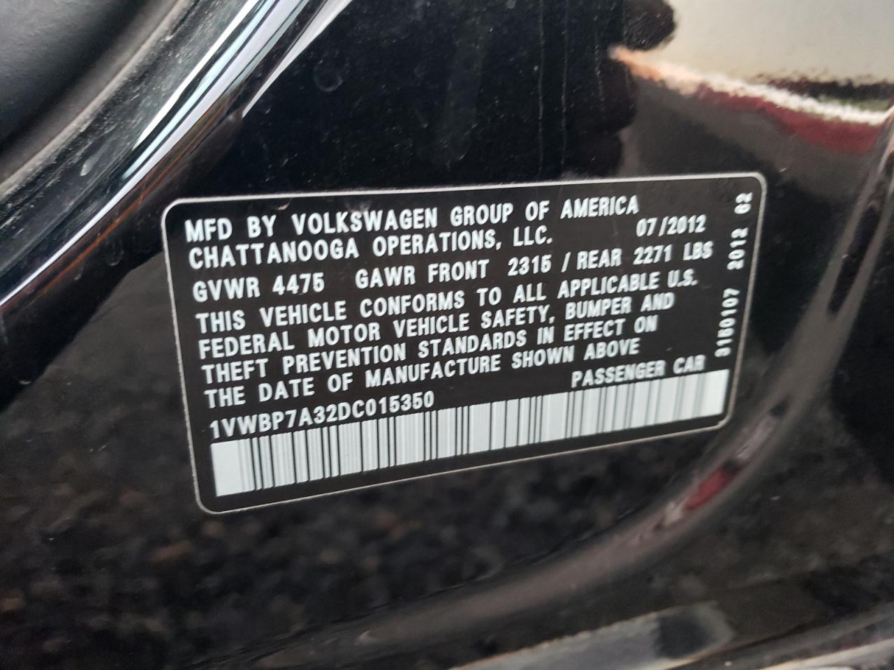 2013 Volkswagen Passat Se VIN: 1VWBP7A32DC015350 Lot: 93101065