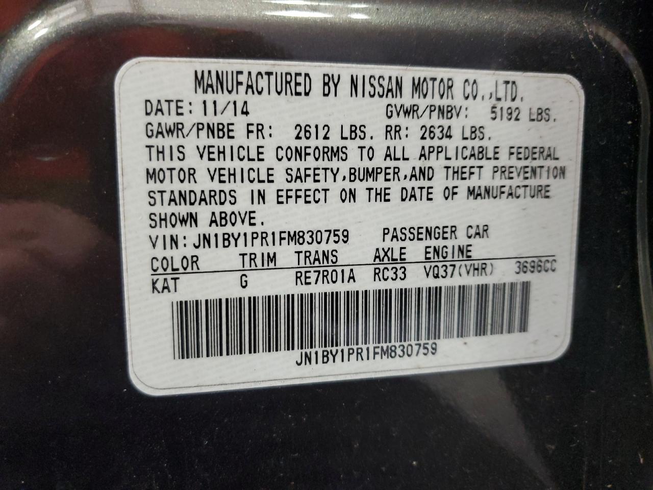 2015 Infiniti Q70L 3.7 VIN: JN1BY1PR1FM830759 Lot: 92249085