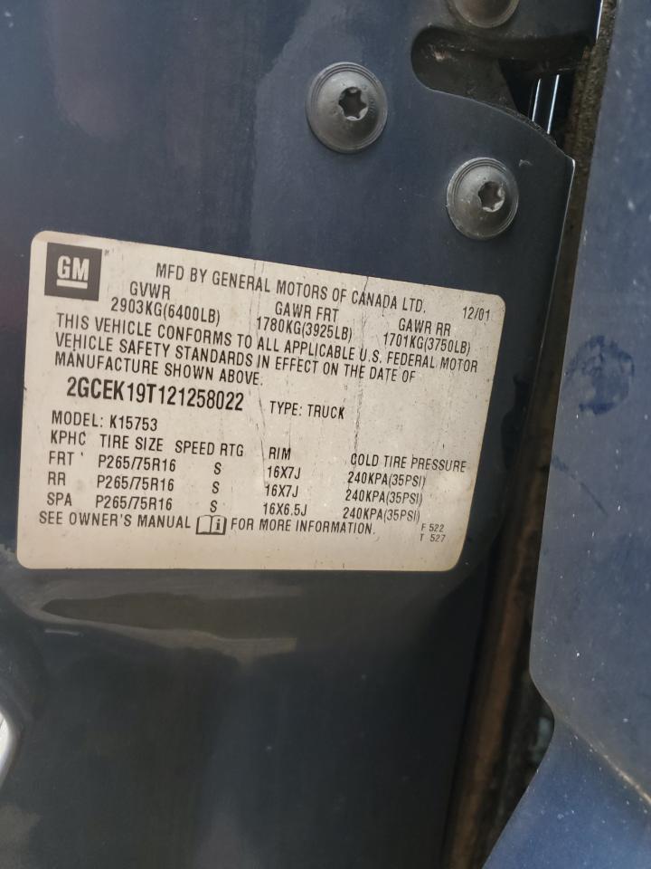 2002 Chevrolet Silverado K1500 VIN: 2GCEK19T121258022 Lot: 92391675