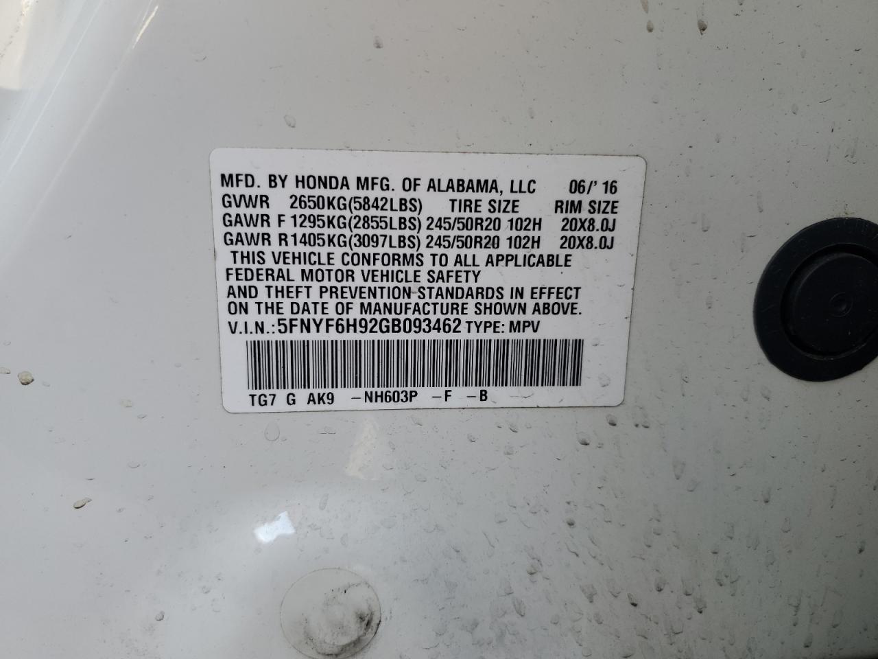 2016 Honda Pilot Touring VIN: 5FNYF6H92GB093462 Lot: 91360145