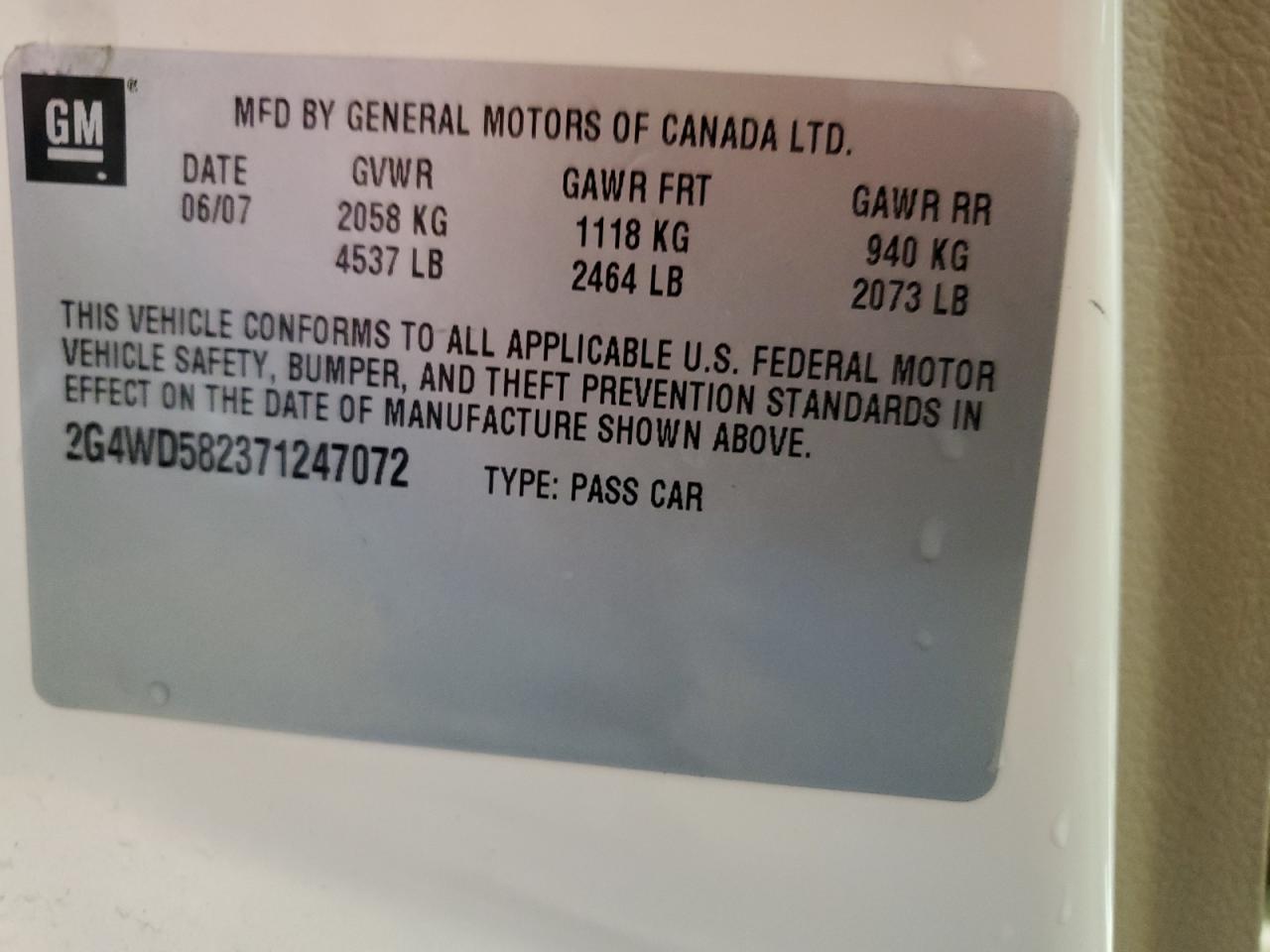 2007 Buick Lacrosse Cxl VIN: 2G4WD582371247072 Lot: 91455475