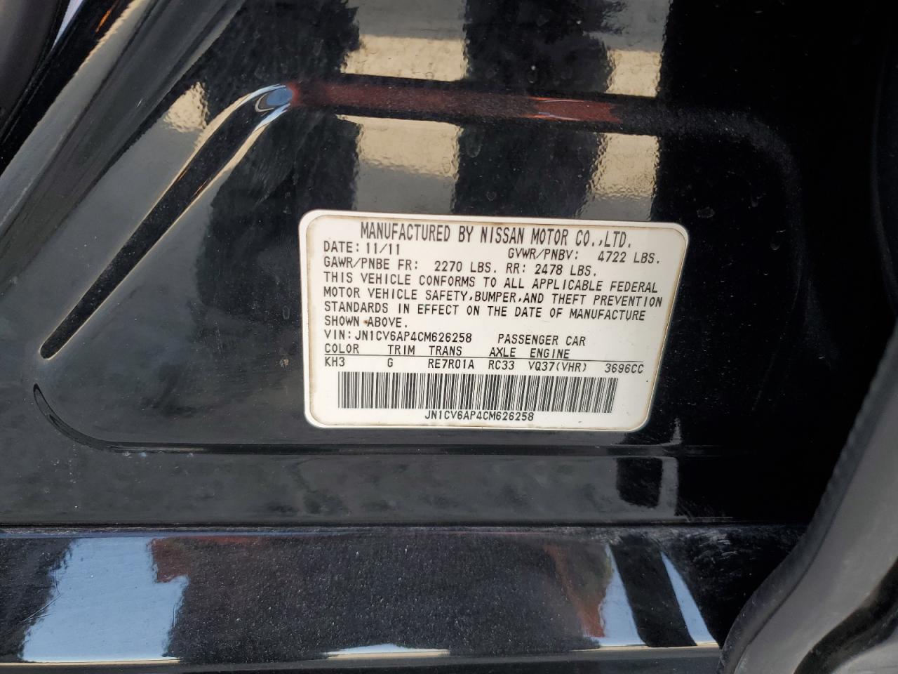 2012 Infiniti G37 Base VIN: JN1CV6AP4CM626258 Lot: 92474485