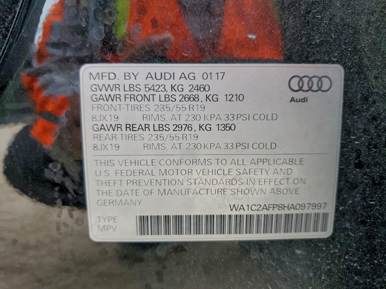 2017 Audi Q5 Premium VIN: WA1C2AFP8HA097997 Lot: 93947215