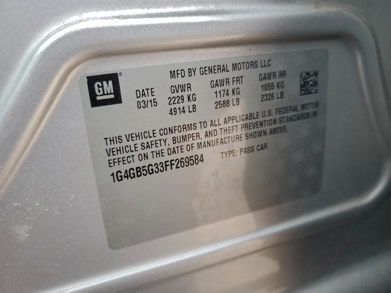 2015 Buick Lacrosse VIN: 1G4GB5G33FF269584 Lot: 93381035